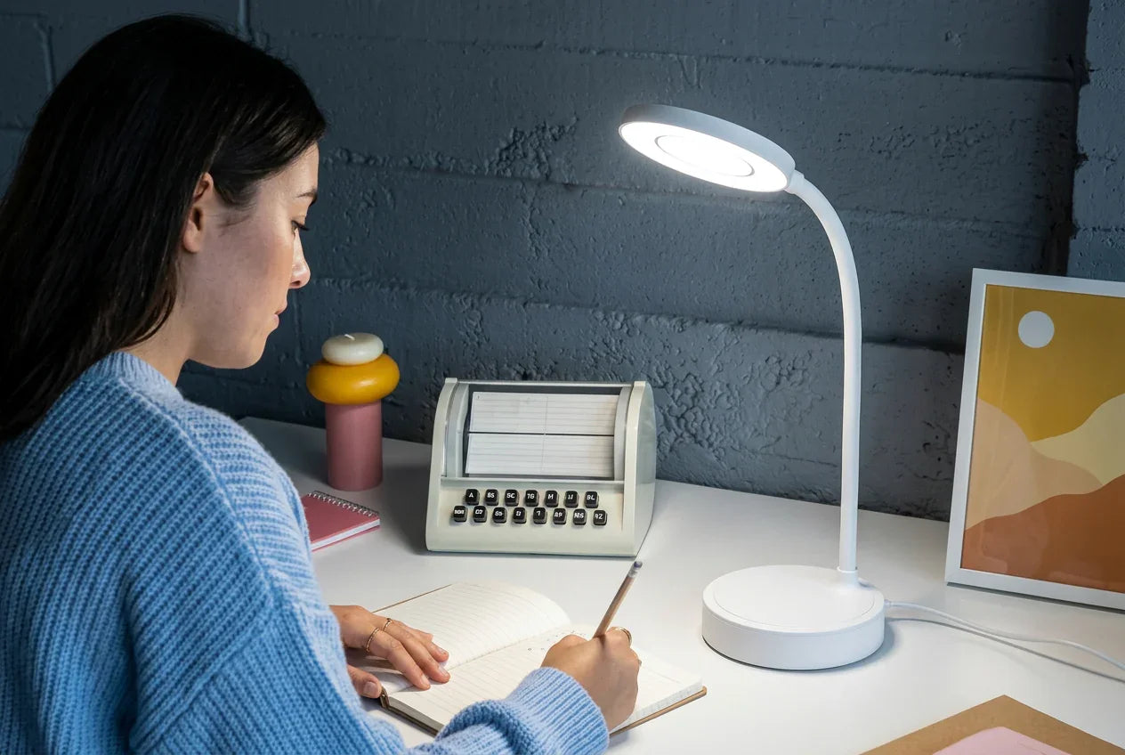 Woman writing at desk with modern white LED desk lamp, retro card file, and abstract art