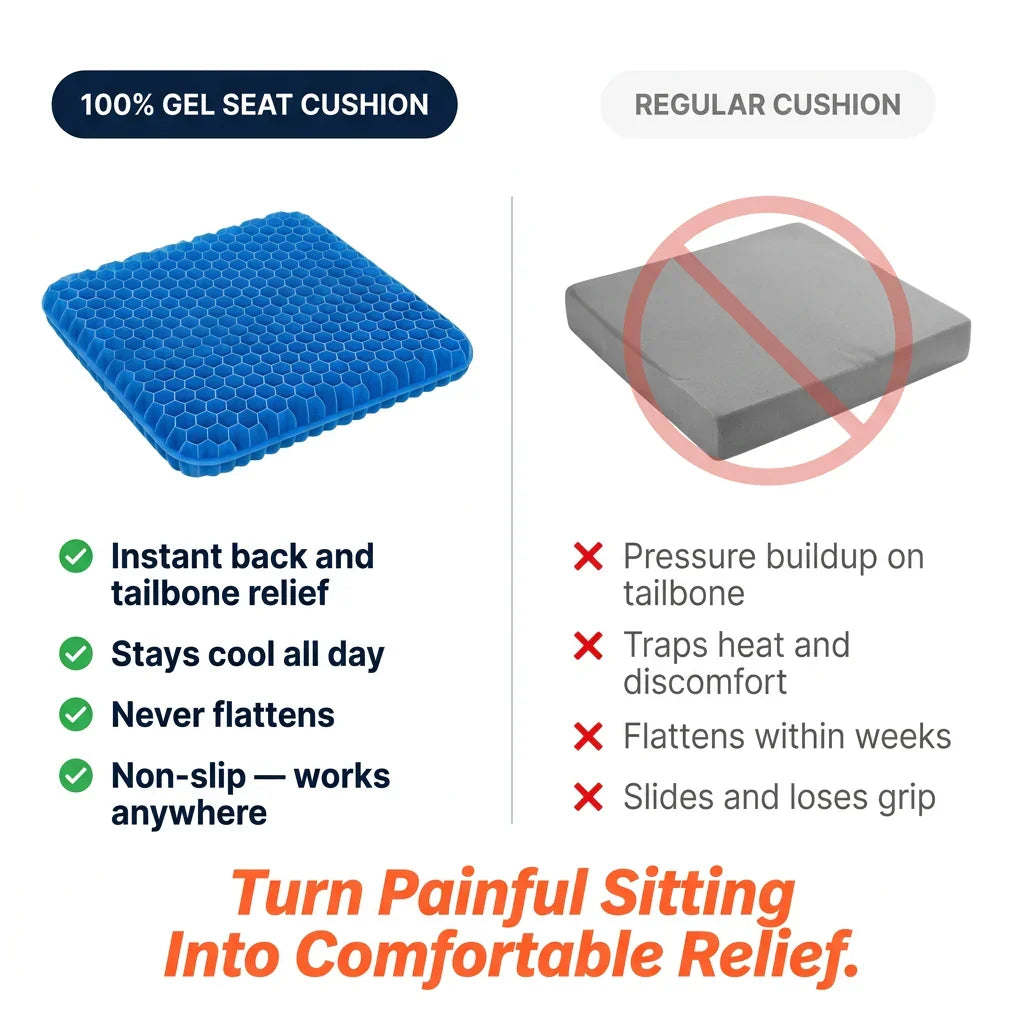 Comparison of blue gel seat cushion and regular cushion with listed comfort and support benefits. Image