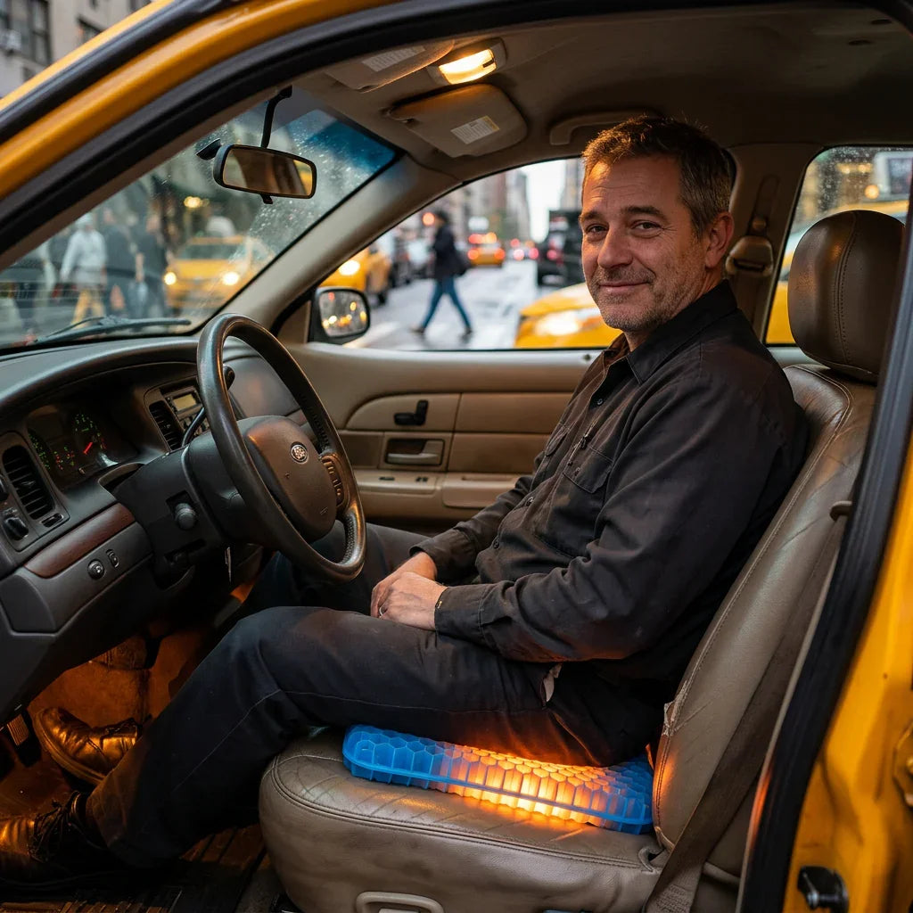 Smiling man in taxi sitting on blue gel car seat cushion, urban street background Image