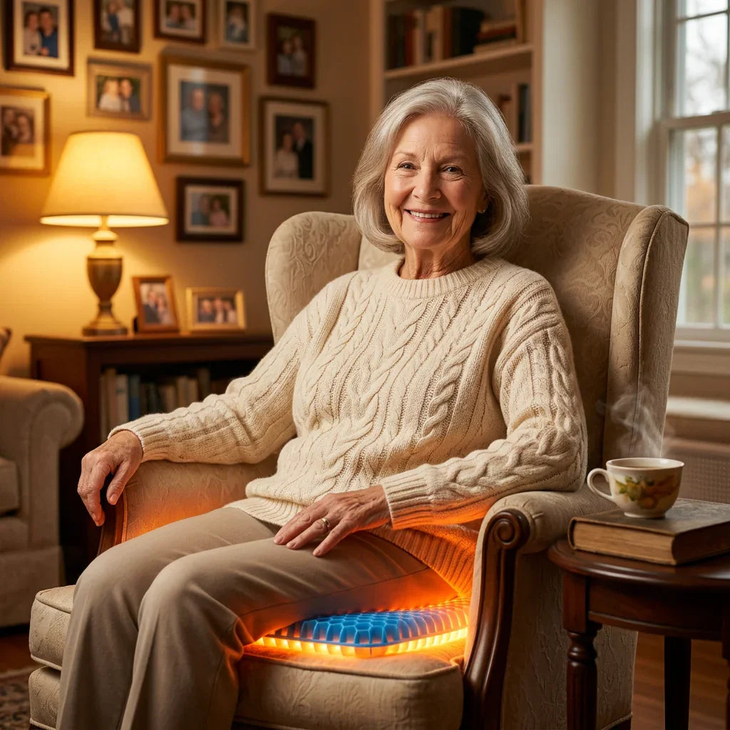 Older woman sitting on a heated gel seat cushion in a cozy living room Image