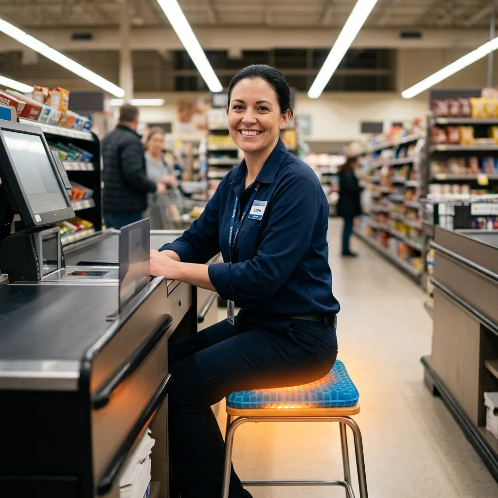 Smiling supermarket cashier at checkout counter in a grocery store aisle Image