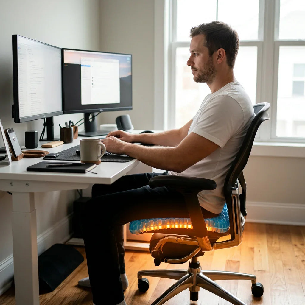 Man working at desk with ergonomic gel seat cushion on office chair, dual monitors setup Image