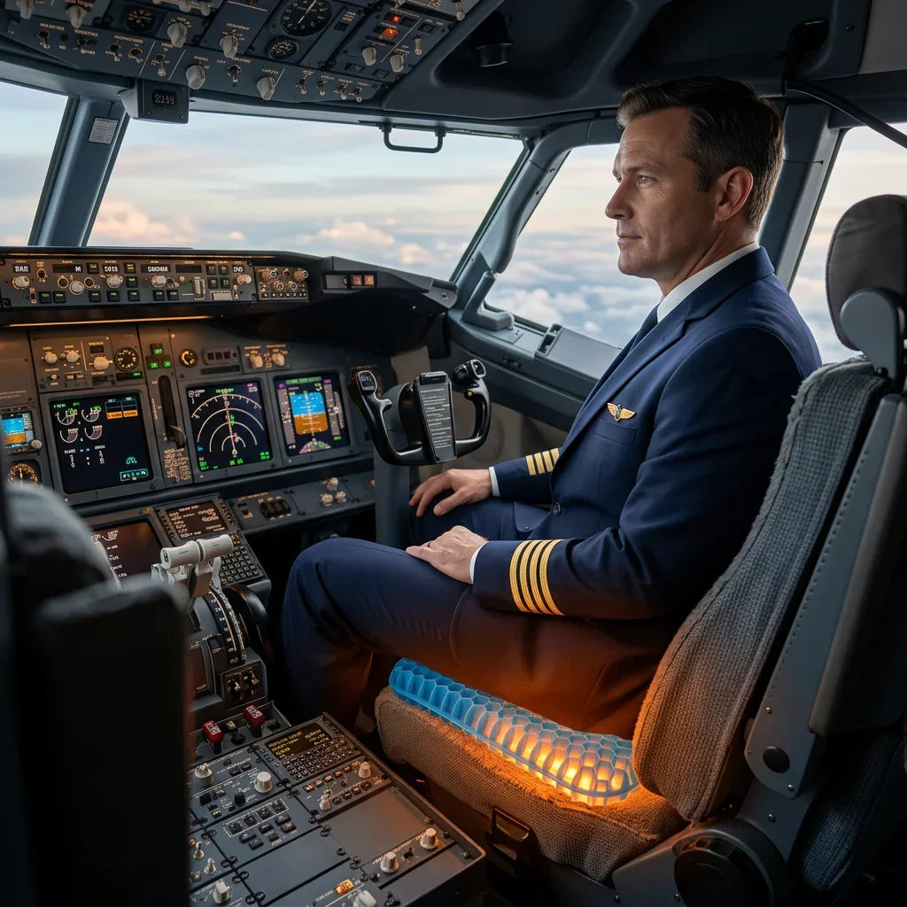 Airline pilot in cockpit using ergonomic gel seat cushion for back support Image