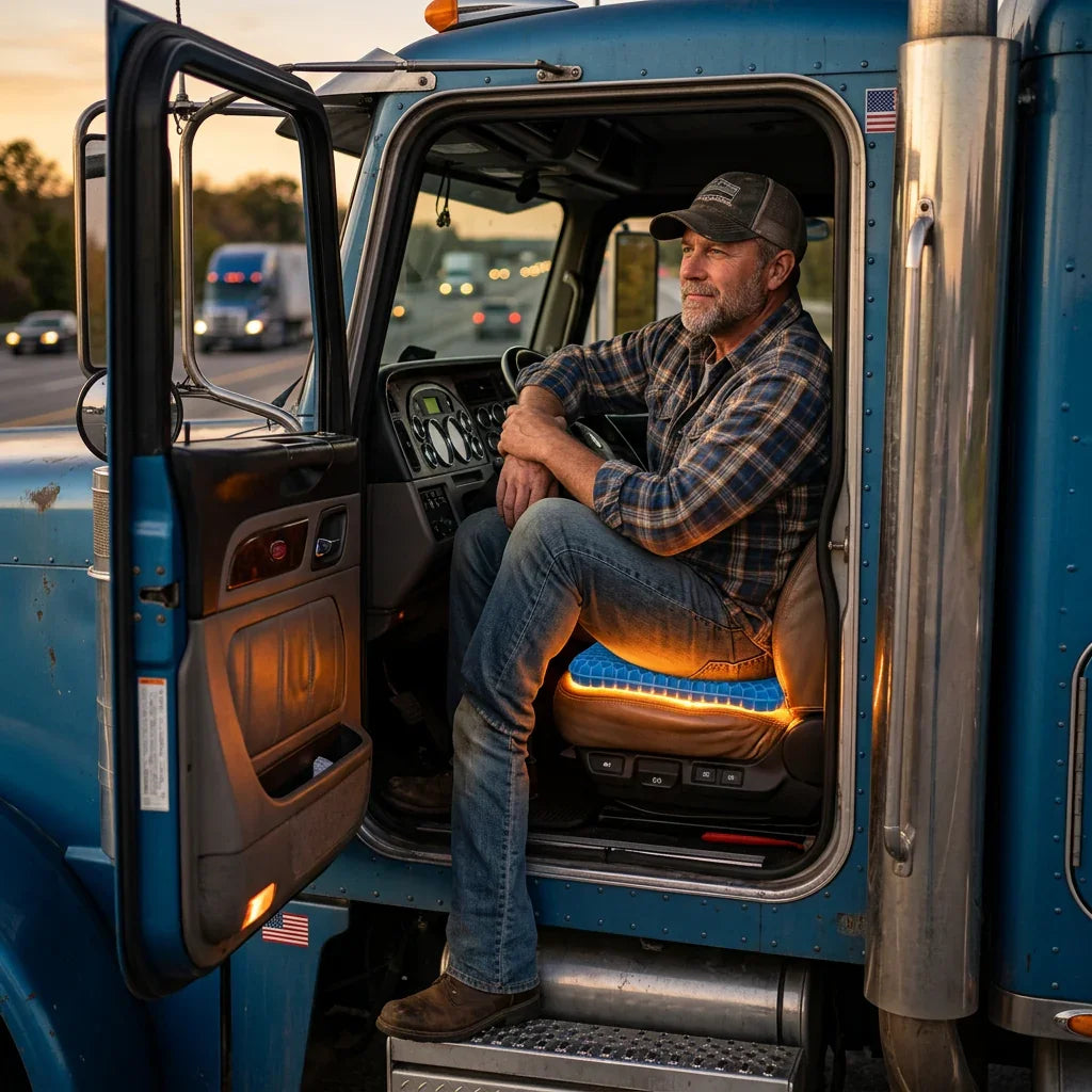 Truck driver sitting in blue semi-truck cab with illuminated ergonomic seat cushion Image